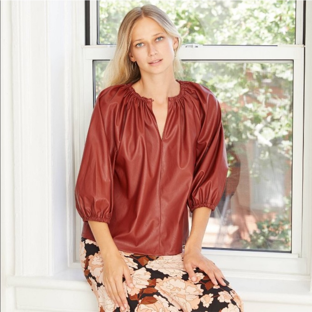 Who what wear faux leather brown blouse - Picture 2 of 8